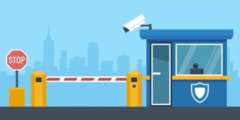 Automated security checkpoint with boom barrier and surveillance camera guarding access to the city complex and protecting the infrastructure