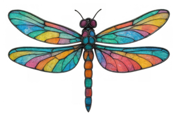 Dragonfly with colorful stained glass wings, flying insect art, vibrant rainbow design, transparent background