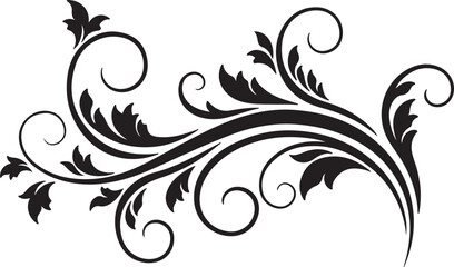 Elegant black swirling floral vine flourish design element with leaves and curls on a white background