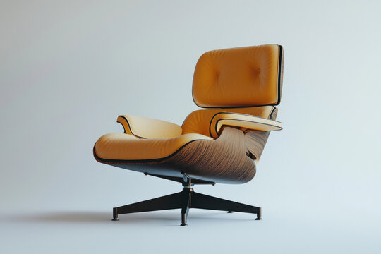 An iconic Eames Lounge Chair features a dark wood shell and tan leather upholstery, elegantly displayed on a minimalist studio background.