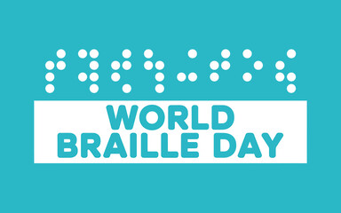 World Braille Day graphic with Braille text and blue background promoting accessibility and inclusion for the visually impaired community