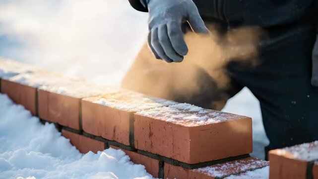 Construction worker placing brick in snowy outdoor environment during winter