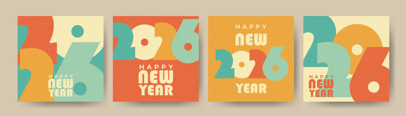 New Year card set. 2026 numbers poster collection. Grainy textures, and vintage inspired geometry. For holiday greetings, social media, and cozy seasonal design