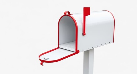 Clean white metal mailbox with open door, red flag and trim, on a white post