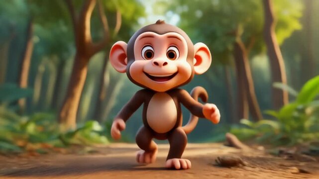 A cute, smiling cartoon monkey happily walking on a path through a lush green jungle.