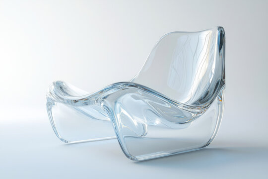 A sleek, transparent lounge chair, crafted from clear acrylic or glass, features a sculptural, fluid, wave-like design, embodying modern minimalist aesthetics. - Powered by Adobe