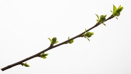 Close-up of a brown branch with multiple small, bright green leaf buds emerging
