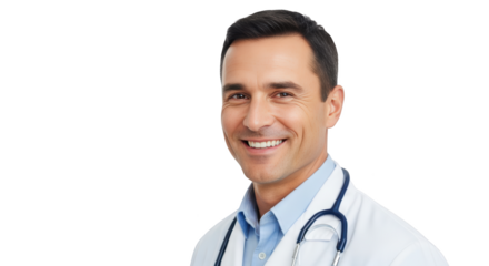 Confident male doctor smiling professionally with stethoscope concept visualized beautifully with focus on doctor, physician, medic