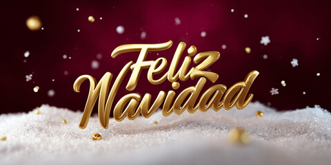 Feliz Navidad gold lettering on snow with red festive background, Spanish Christmas greeting