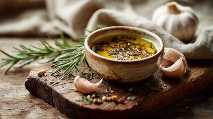 Bowl of herb olive oil dip with rosemary, chili and garlic on rustic cutting board
