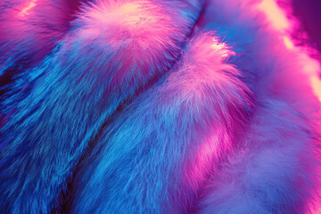 A mesmerizing close-up of fluffy texture, illuminated with striking neon blue and vibrant pink light, creating a dynamic, abstract, and soft visual.