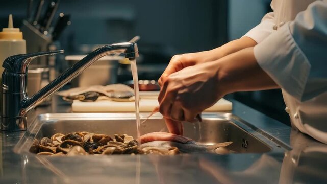 Chef cleaning fresh fish under running water in professional kitchen sink