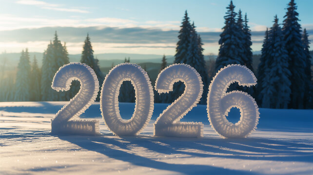 Frosted 2026 numbers in a snowy winter landscape at sunrise - Powered by Adobe