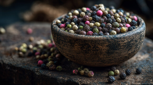 Mixed peppercorns in rustic bowl on dark kitchen table, bold spice background