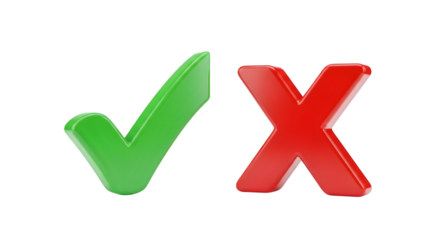 Green check mark and red cross isolated on transparent background