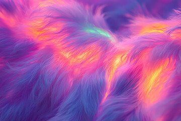 Vibrant, ethereal texture of soft, glowing fur or feathers, blending neon purples, pinks, oranges, and yellows into an abstract, dreamlike backdrop.