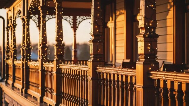 Wooden veranda decorated with string lights at sunset in warm golden glow
