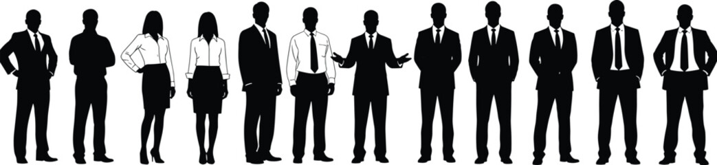 Business people silhouettes standing in professional attire, corporate team lineup illustration, teamwork, leadership, office staff workforce concept for design