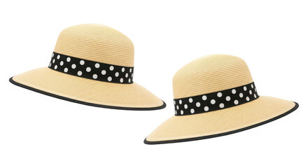 Two straw sun hats with black and white polka dot ribbon bands, isolated on transparent background