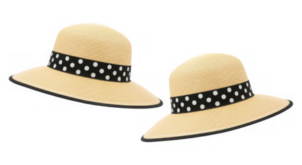Two straw sun hats with black and white polka dot ribbon bands, isolated on transparent background
