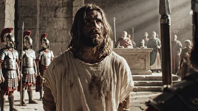 Jesus Before Pontius Pilate - This stock video depicts a man portraying Jesus, bound and appearing before Pontius Pilate. He is surrounded by Roman soldiers and officials during his trial.