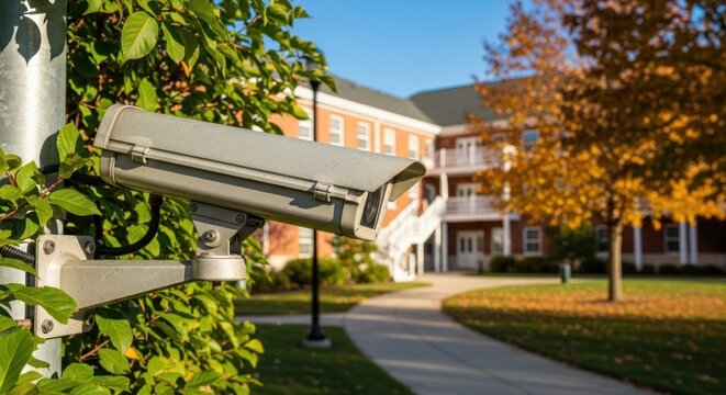 Close-up of a security camera on a pole amidst greenery, overseeing a campus building and autumn path