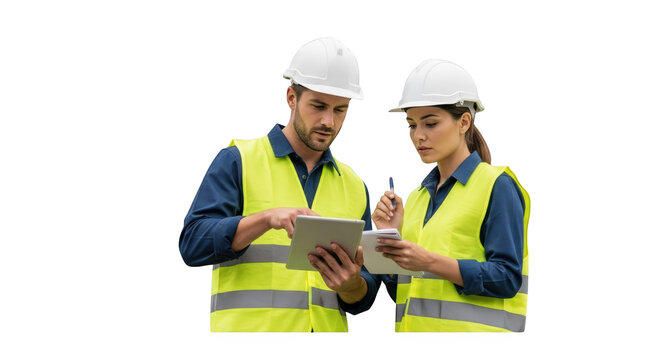 Construction workers a man and woman discussing plans on a tablet isolated on white background concept