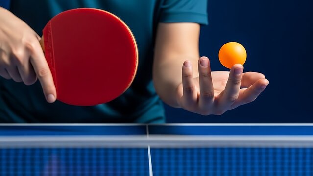 Close up of a person s hands preparing to serve a ping pong ball with a red paddle on a blue table tennis court highlighting the focus and precision of the sport