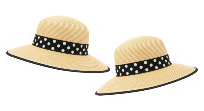 Two straw sun hats with black and white polka dot ribbon bands, isolated on transparent background