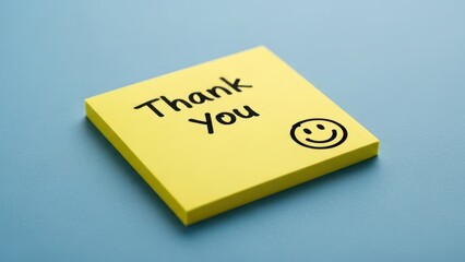 Close-up of a yellow sticky note saying 'Thank You' with a smiley face on blue