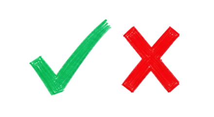 Green check mark and red cross isolated on transparent background