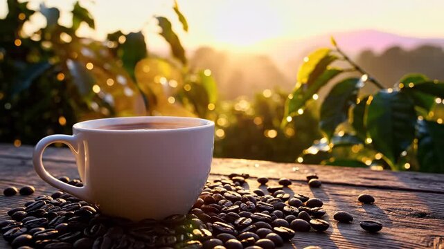 Coffee Cup Sunrise Serenity - A cup of coffee sits atop a wooden table surrounded by coffee beans, with lush greenery and a vibrant sunrise in the background.