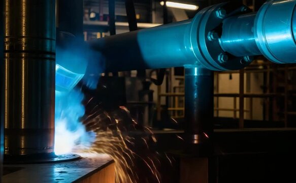 Industrial welding process with bright sparks and blue light in factory environment