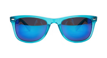 Bright cyan blue frame sunglasses with reflective mirror lens isolated on transparent background