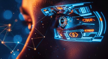 Close-up of human eye with glowing blue futuristic digital interface overlay; networked background