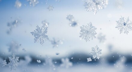 Close-up of many delicate, crystalline snowflakes floating against a soft blue winter sky