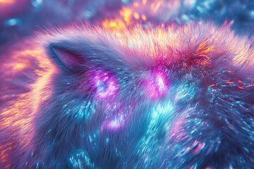Vibrant, glowing animal fur, possibly a fox or wolf, illuminated by ethereal neon blue, purple, pink, and orange lights, creating a mystical, iridescent texture.