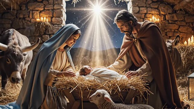 Serene Nativity Scene with Holy Family - This video showcases a serene nativity scene featuring Mary, Joseph, and the baby Jesus in a manger, softly illuminated by candlelight.