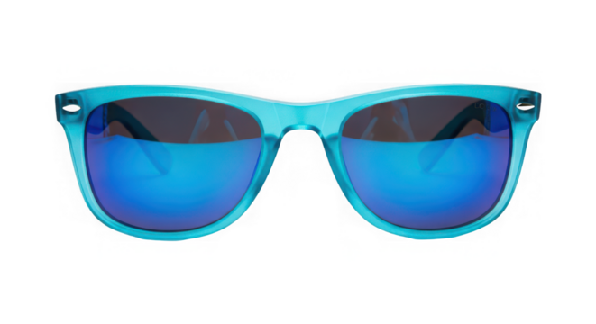 Bright cyan blue frame sunglasses with reflective mirror lens isolated on transparent background
