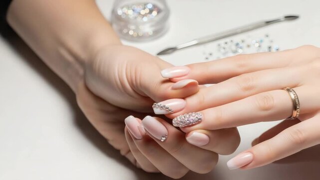 Manicurist applying rhinestone nail art on female hand in close-up view