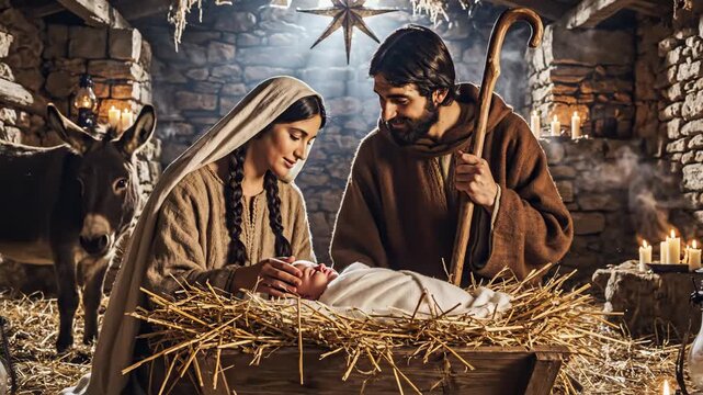 Nativity Scene with Mary, Joseph and Baby Jesus - This video depicts a classic Nativity scene, with Mary and Joseph adoring baby Jesus in a manger.