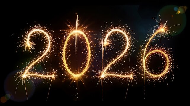 Sparkling golden numbers 2026 written in the dark with fireworks and bright light trails celebrating the new year