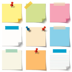 Collection of Colorful Note Papers with Pins and Tape for Reminders and Office Organization