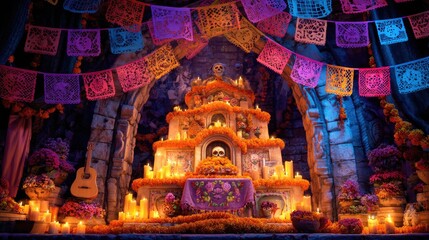 Fototapeta premium Festive altar display with candles and decorations celebrating a cultural tradition