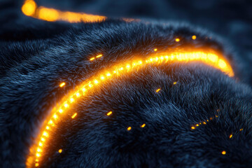 A mesmerizing abstract image featuring a glowing orange light path winding through a dark, textured, fur-like surface, resembling digital circuits.