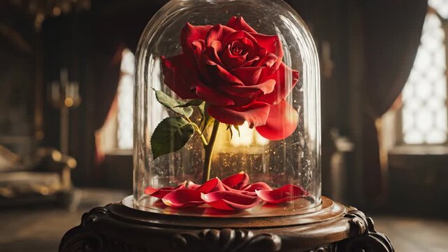 Enchanted Red Rose Under Glass - A single red rose is displayed under a glass dome, reminiscent of classic fairy tales.