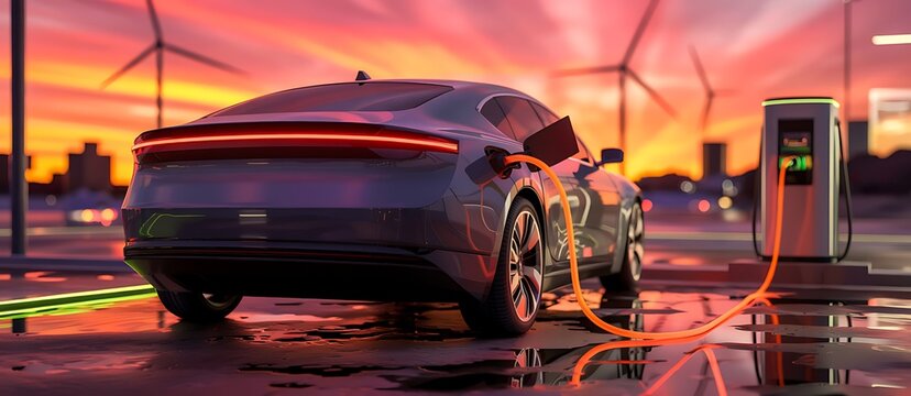 Modern electric vehicle charging at a futuristic charging station with wind turbines and a vibrant sunset sky in the background