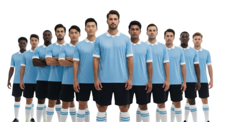 Creative composition of determined multiethnic football team standing together on a white background focused on team,