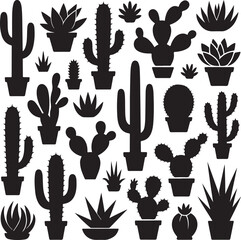 Fototapeta premium Several silhouette cactus and succulents are grouped together against a white background with transparent background