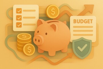 A central piggy bank sits among layered coins, checklists, budget sheets, arrows, and protective shields. Graduated colors emphasize financial discipline, long-term planning, and responsible habits